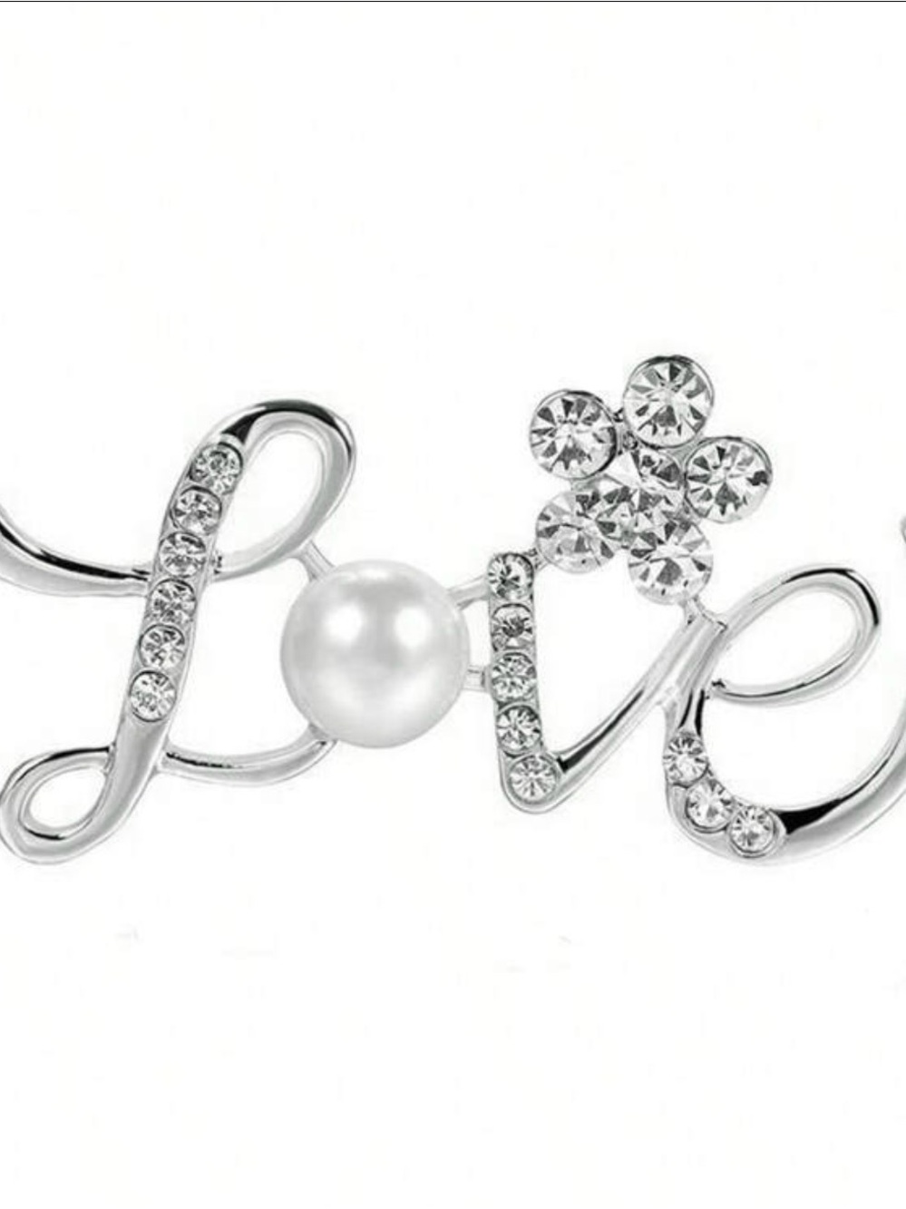 NWT-Love Script Pearl & Crystal Accent Brooch - Silver